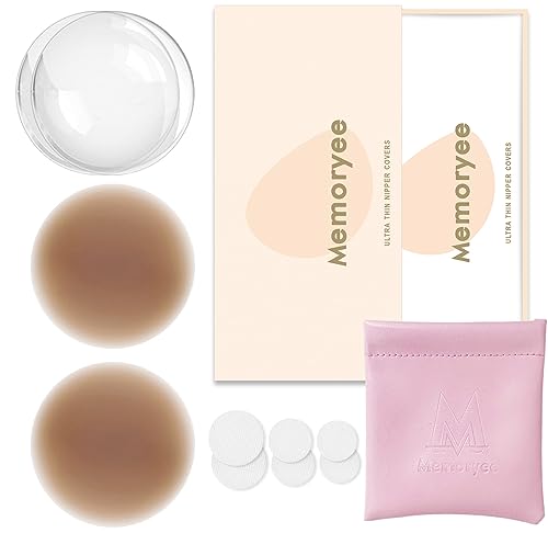 Memoryee Nippelpads, Ultra Dünne Damen Nippel Cover mit Brustwarzenschutz Wiederverwendbar und Waschbare Selbstklebende Brustwarzen Nippelabdeckung aus Hochwertigem Silikon [8 cm]/Light Brown/1 von Memoryee