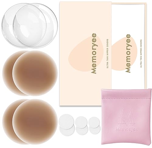 Memoryee Nippelpads, Ultra Dünne Damen Nippel Cover mit Brustwarzenschutz Wiederverwendbar und Waschbare Selbstklebende Brustwarzen Nippelabdeckung aus Hochwertigem Silikon [8 cm]/Light Brown/2 von Memoryee