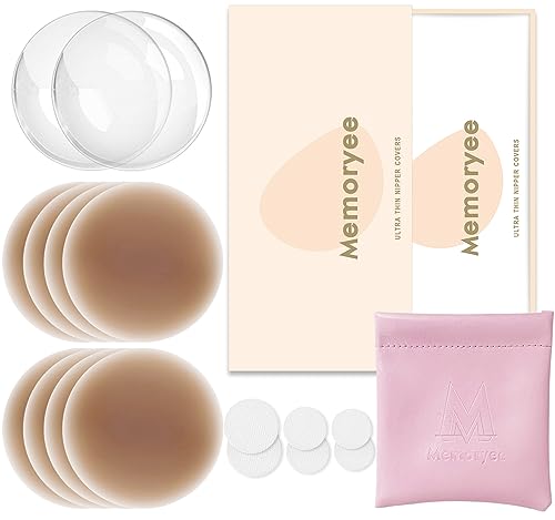 Memoryee Nippelpads, Ultra Dünne Damen Nippel Cover mit Brustwarzenschutz Wiederverwendbar und Waschbare Selbstklebende Brustwarzen Nippelabdeckung aus Hochwertigem Silikon [8 cm]/Light Brown/4 von Memoryee