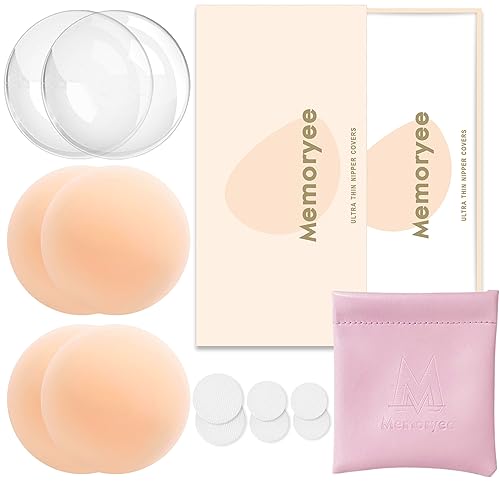 Memoryee Nippelpads, Ultra Dünne Damen Nippel Cover mit Brustwarzenschutz Wiederverwendbar und Waschbare Selbstklebende Brustwarzen Nippelabdeckung aus Hochwertigem Silikon [8 cm]/Skin/2 von Memoryee
