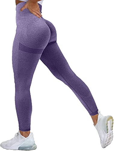 Memoryee Scrunch Butt Sport Leggings Damen Geraffte Hintern Heben Hohe Taille Bauchkontrolle Blickdicht Yogahose Fitnesshose/B-Purple/L von Memoryee