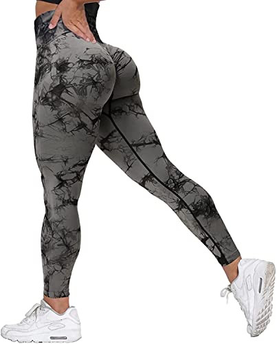 Memoryee Scrunch Butt Sport Leggings Damen Geraffte Hintern Heben Hohe Taille Bauchkontrolle Blickdicht Yogahose Fitnesshose/B-Tie Dye Black/L von Memoryee