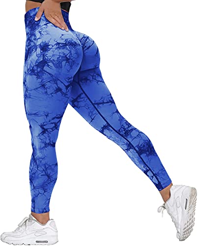 Memoryee Scrunch Butt Sport Leggings Damen Geraffte Hintern Heben Hohe Taille Bauchkontrolle Blickdicht Yogahose Fitnesshose/B-Tie Dye Dark Blue/L von Memoryee