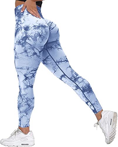 Memoryee Scrunch Butt Sport Leggings Damen Geraffte Hintern Heben Hohe Taille Bauchkontrolle Blickdicht Yogahose Fitnesshose/B-Tie Dye Light Blue/L von Memoryee