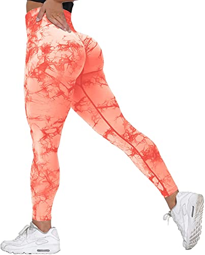 Memoryee Scrunch Butt Sport Leggings Damen Geraffte Hintern Heben Hohe Taille Bauchkontrolle Blickdicht Yogahose Fitnesshose/B-Tie Dye Orange/M von Memoryee