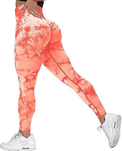 Memoryee Scrunch Butt Sport Leggings Damen Geraffte Hintern Heben Hohe Taille Bauchkontrolle Blickdicht Yogahose Fitnesshose/B-Tie Dye Orange/S von Memoryee