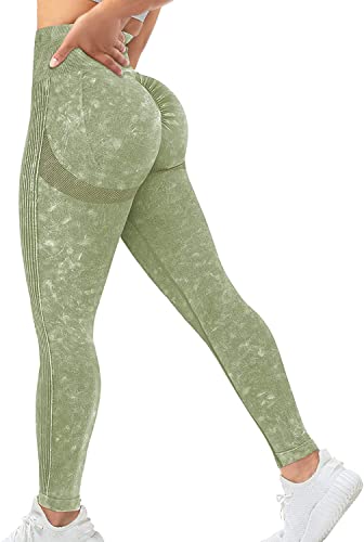 Memoryee Scrunch Butt Sport Leggings Damen Geraffte Hintern Heben Hohe Taille Bauchkontrolle Blickdicht Yogahose Fitnesshose/B-Washed Army Green/M von Memoryee