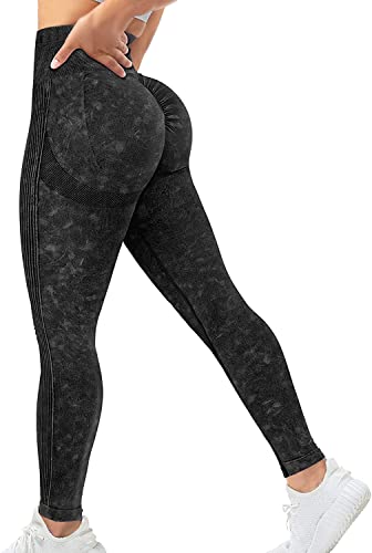 Memoryee Scrunch Butt Sport Leggings Damen Geraffte Hintern Heben Hohe Taille Bauchkontrolle Blickdicht Yogahose Fitnesshose/B-Washed Black/XS von Memoryee