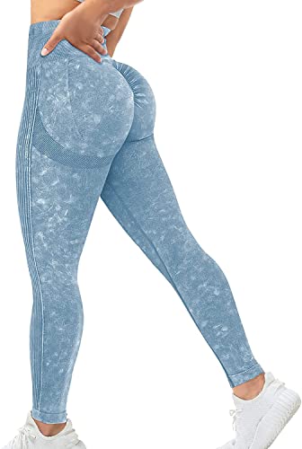 Memoryee Scrunch Butt Sport Leggings Damen Geraffte Hintern Heben Hohe Taille Bauchkontrolle Blickdicht Yogahose Fitnesshose/B-Washed Blue/M von Memoryee