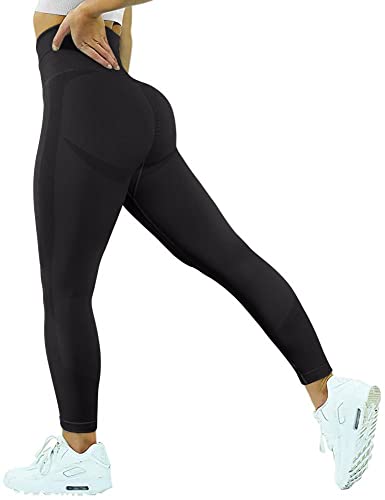 Memoryee Scrunch Butt Sport Leggings Damen Geraffte Hintern Heben Hohe Taille Bauchkontrolle Blickdicht Yogahose Fitnesshose/C-Black/L von Memoryee