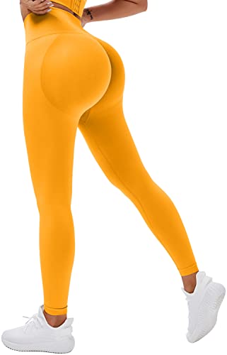 Memoryee Scrunch Butt Sport Leggings Damen Geraffte Hintern Heben Hohe Taille Bauchkontrolle Blickdicht Yogahose Fitnesshose/D-Yellow/L von Memoryee