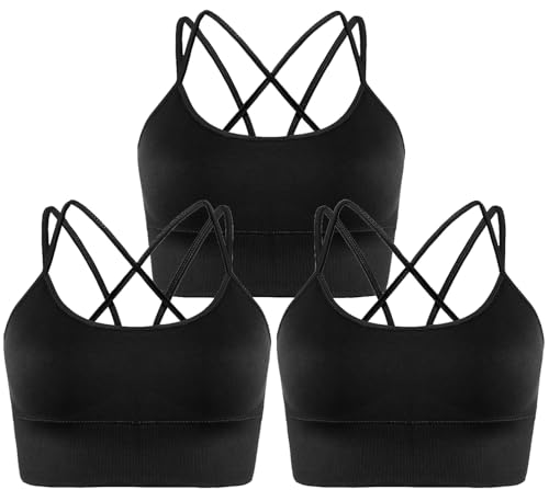 Memoryee Sport BH Damen Große Brüste Push Up Ohne Bügel Kreuz Rücken Rückenfrei Gepolstert Mittlere Unterstützung Crop Top für Yoga Tanz Laufen Radfahren Schwarz*3 S von Memoryee