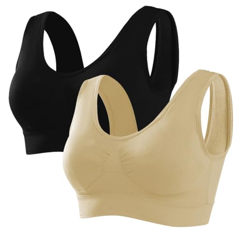 Memoryee Sport BH Damen Große Brüste Starker Halt Push Up Ohne Bügel 2er Pack Set Gepolstert Joggen Yoga Laufen Reiten Bra Crop Top Schwarz+Beige XXL von Memoryee