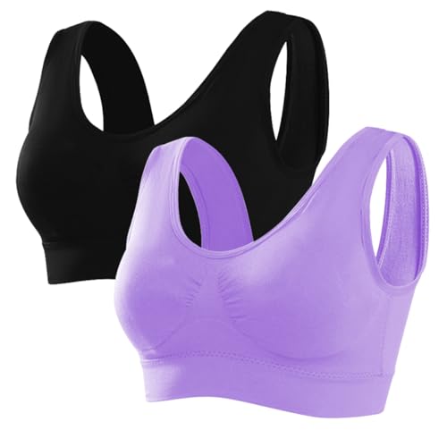 Memoryee Sport BH Damen Große Brüste Starker Halt Push Up Ohne Bügel 2er Pack Set Gepolstert Joggen Yoga Laufen Reiten Bra Crop Top Schwarz+Lila L von Memoryee