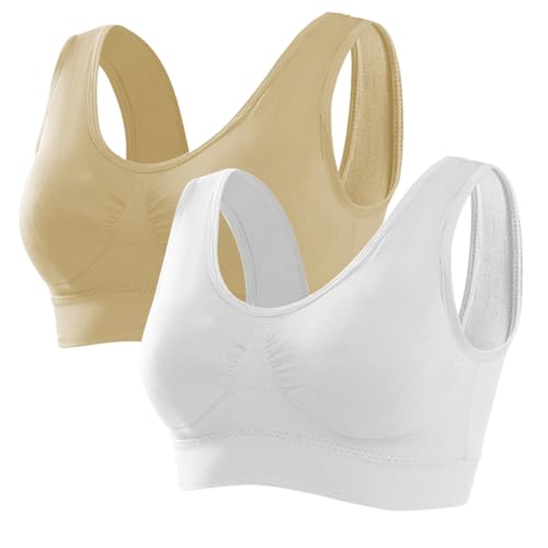 Memoryee Sport BH Damen Große Brüste Starker Halt Push Up Ohne Bügel 2er Pack Set Gepolstert Joggen Yoga Laufen Reiten Bra Crop Top Weiß+Beige 3XL von Memoryee