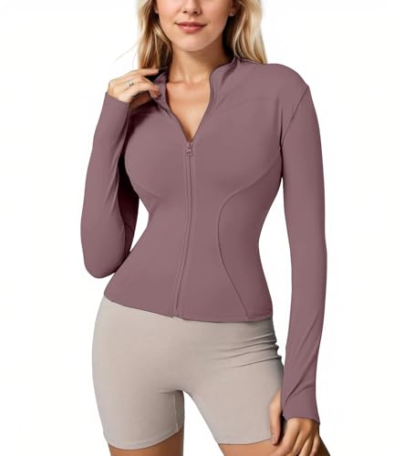 Memoryee Sportshirt Damen Langarm Gym Sport Top Oberteile Activewear Fitness Yoga Trainingsjacke Laufshirt Enge Sportjacke mit Reißverschluss und Daumenloch B-Pink1 M von Memoryee