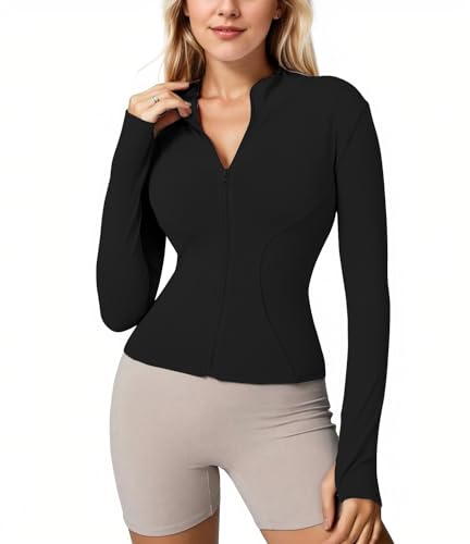 Memoryee Sportshirt Damen Langarm Gym Sport Top Oberteile Activewear Fitness Yoga Trainingsjacke Laufshirt Enge Sportjacke mit Reißverschluss und Daumenloch B-Schwarz1 L von Memoryee