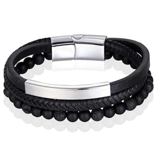 Herren Armband Memphis Achat Perle geflochten Leder Silber Schwarz - 19cm von Memphis