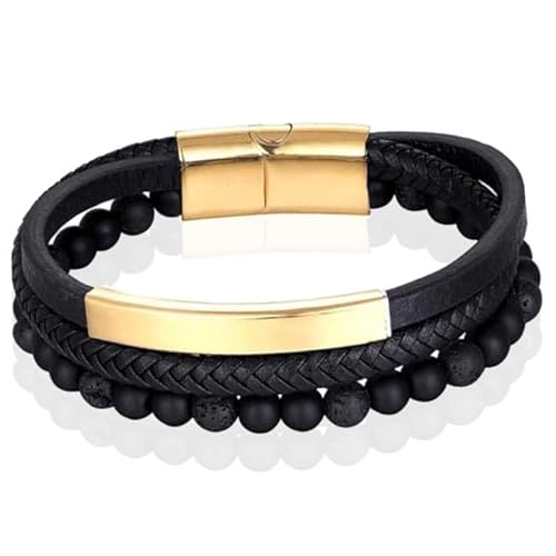 Herren Armband Memphis Achat Perle geflochtenes Leder Gold Schwarz - 21cm von Memphis