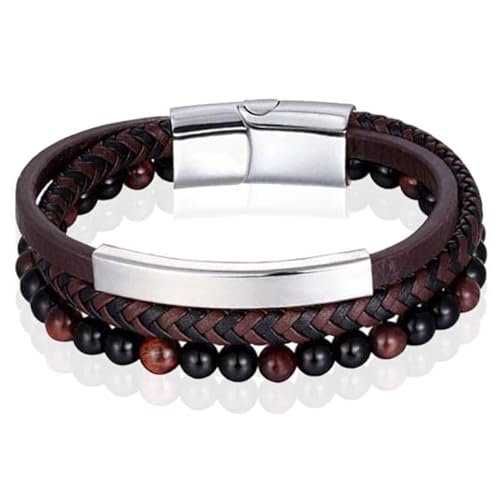 Herren Armband Memphis Tigerauge Perle geflochten Leder Silber Braun - 19cm von Memphis