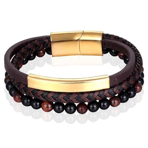 Herren Armband Memphis Tigerauge Perle geflochtenes Leder Gold Braun - 21cm von Memphis
