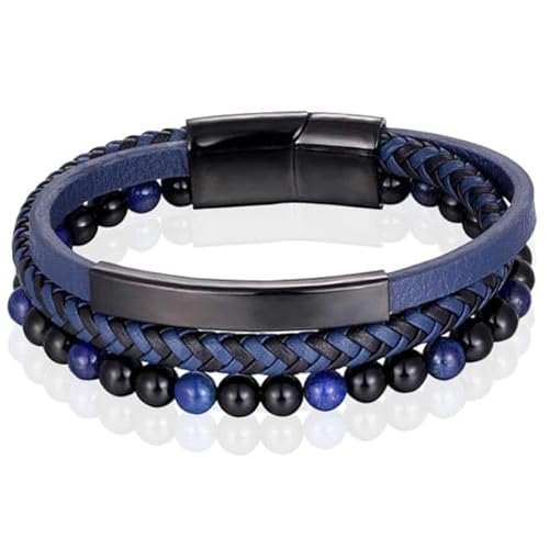 Herren Armband Memphis Tigerauge Perle geflochtenes Leder Schwarz Blau - 21cm von Memphis