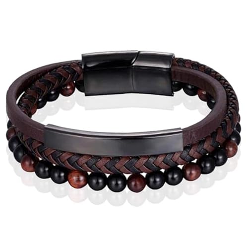 Herren Armband Memphis Tigerauge Perle geflochtenes Leder Schwarz Braun - 21cm von Memphis