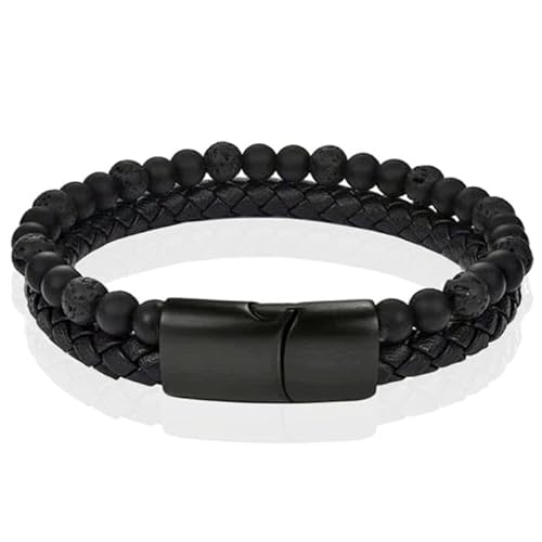 Memphis Herren Armband schwarz Leder Achat Perlen Edelstahl Magnet Verschluss - 18.5cm von Memphis