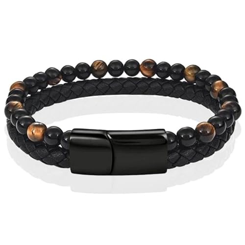 Memphis Herren Armband schwarz Leder Tigerauge Perlen Edelstahl Magnet Verschluss - 18.5cm von Memphis