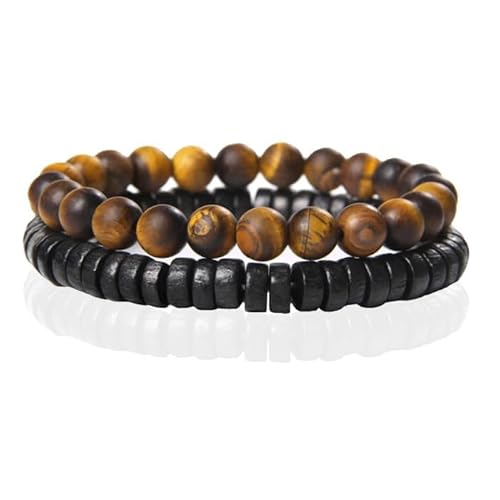 Memphis Stacked Armband - Holz & Matt Tiger Eye-19cm von Memphis