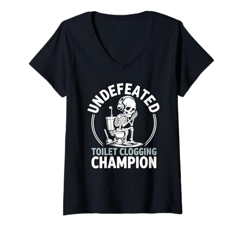 Damen WC Clogging Champ Skelett Gag T-Shirt mit V-Ausschnitt Damen WC Clogging Champ Skelett Gag T-Shirt mit V-Ausschnitt von Men Gag Novelty Skeleton Bathroom Humor