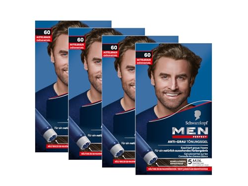 Men Perfect Anti-Grau Tönungs-Gel 60 Mittelbraun (4x 80 ml), Haarfarbe für Männer blendet graue Haare aus, Anti-Grau Tönung für ein natürlich aussehendes Ergebnis von Men Perfect