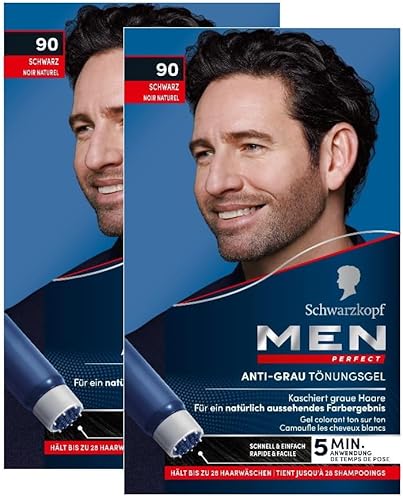 Men Perfect Anti-Grau Tönungs-Gel 90 Schwarz (2x 80 ml), Haarfarbe für Männer blendet graue Haare aus, Anti-Grau Tönung für ein natürlich aussehendes Ergebnis von Men Perfect