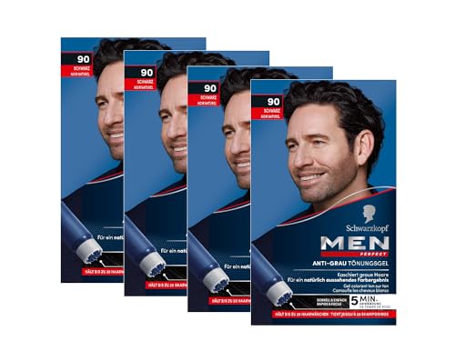 Men Perfect Anti-Grau Tönungs-Gel 90 Schwarz (4x 80 ml), Haarfarbe für Männer blendet graue Haare aus, Anti-Grau Tönung für ein natürlich aussehendes Ergebnis von Men Perfect