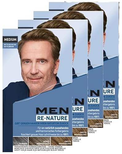 Men Perfect Re-Nature Männer Mittelblond bis Mittelbraun (4x 145 ml), Re-Pigmentierungs-Creme, stellt ohne Haare färben die Naturhaarfarbe wieder her und kaschiert schonend graue Haare von Men Perfect