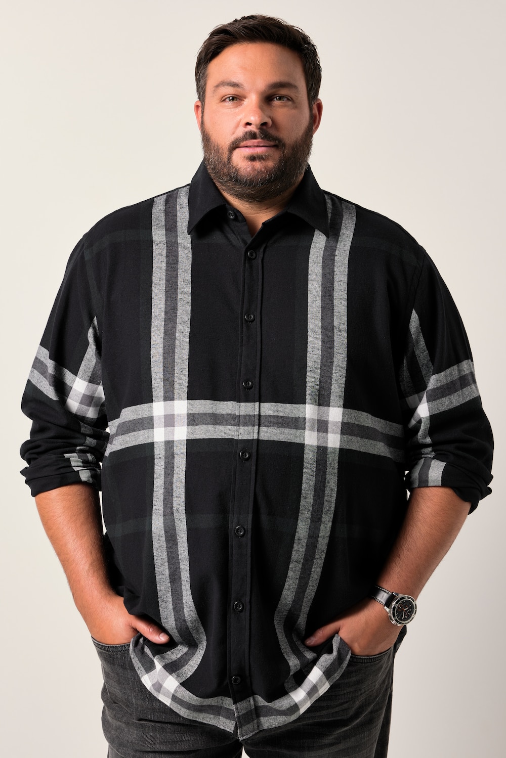 Große Größen Men+ Karo-Flanellhemd, Herren, schwarz, Größe: 8XL, Baumwolle, Men Plus von Men Plus