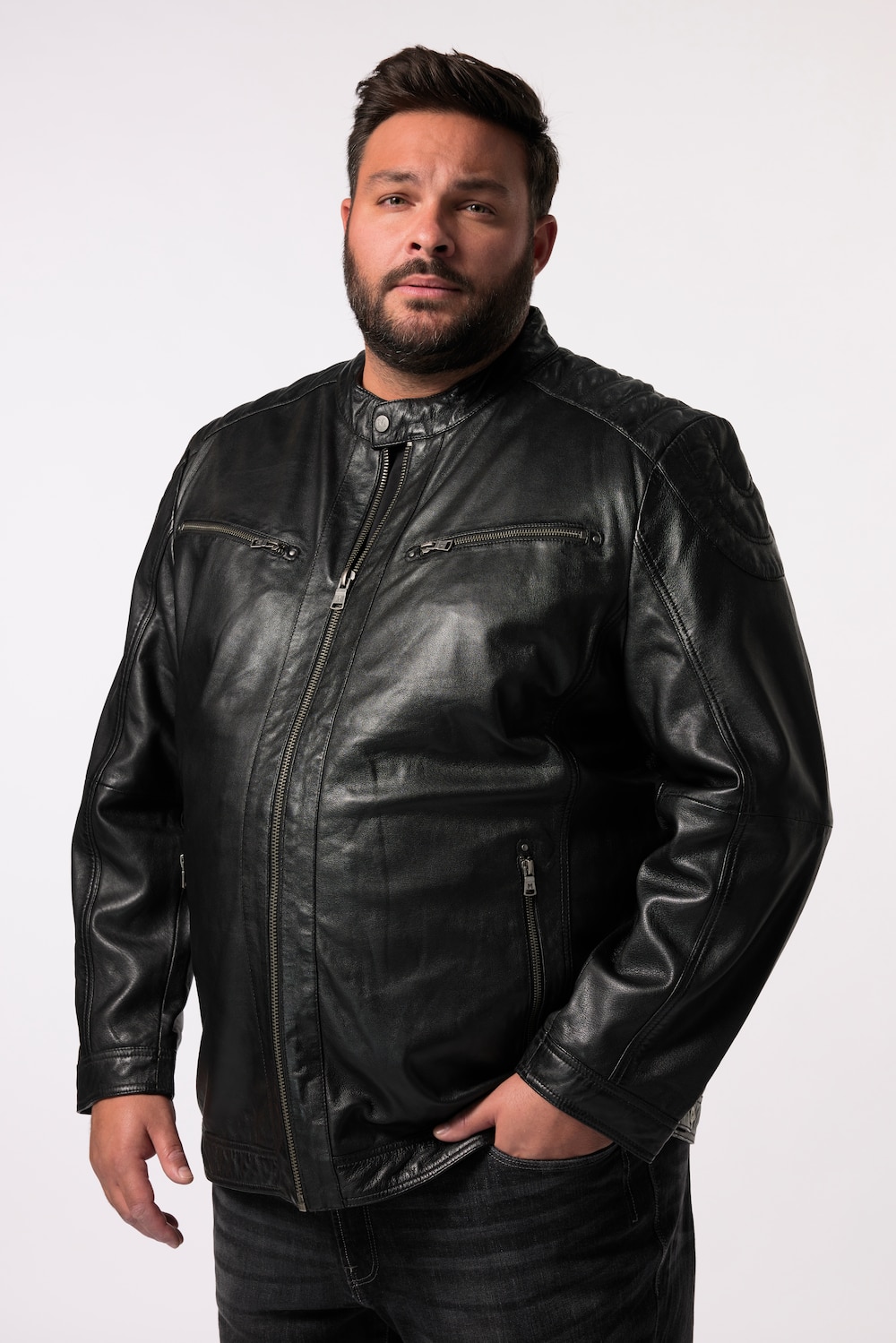 Große Größen Men+ Leder-Bikerjacke, Herren, schwarz, Größe: XXL, Leder/Baumwolle, Men Plus von Men Plus