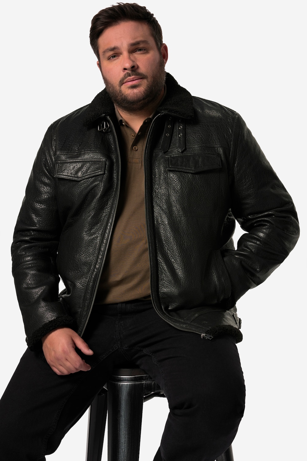 Große Größen Men+ Lederjacke, Herren, schwarz, Größe: 8XL, Polyester/Leder, Men Plus von Men Plus