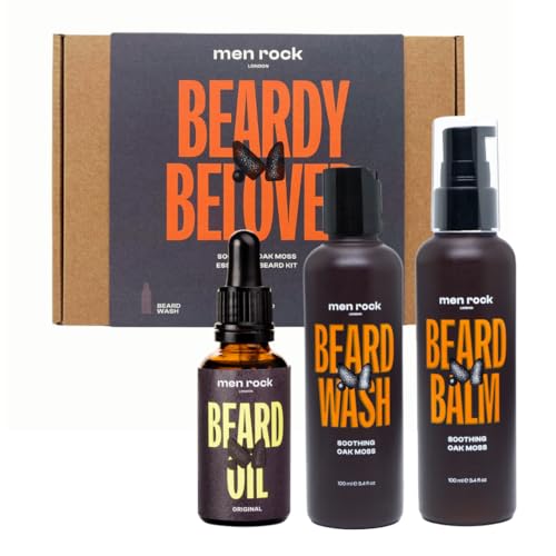 Men Rock Beardy Beloved Bartpflege Set für Männer mit Eichenmoos-Duft, 3-tlg. - Bartshampoo, Balm & Öl von Men Rock