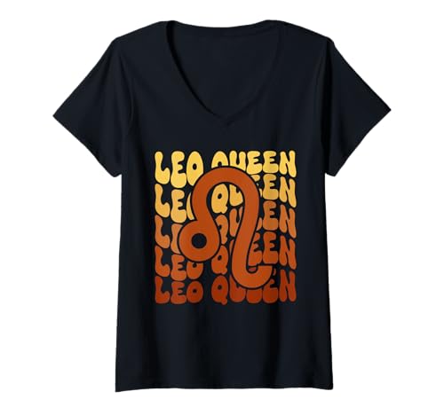 Damen Leo Queen Juli August Geburtstag Löwe Sternzeichen Groovy T-Shirt mit V-Ausschnitt von Men Women Leo Zodiac Sign Outfits