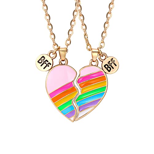 MenYiYDS 2 Stück BFF Halsketten Freundschaftskette Regenbogen Schmuck Anhänger Beste Freunde Mädchen Halskette für Mädchen Geburtstagsgeschenke Anhänger Kette Geschenke (bunte Herzen) von MenYiYDS