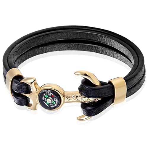 Herren Armband Nautic Leder Kompass Edelstahl Anker Gold Schwarz von Mendes
