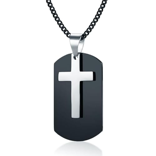 Herren Kettenkette mit schwarzem Dogtag Anhänger Silberfarbenes Kreuz von Mendes