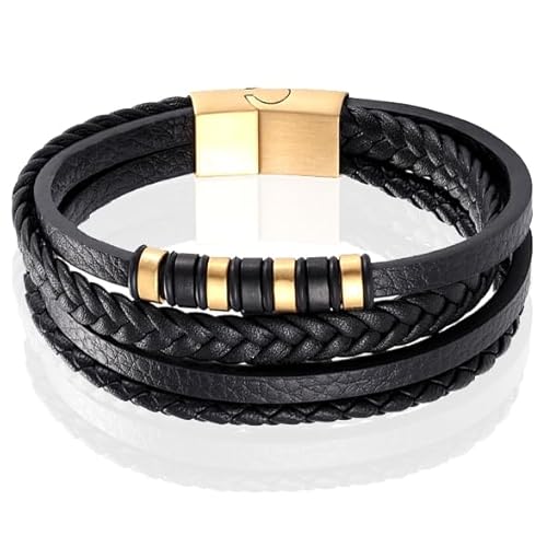 Herren Lederarmband Multi Mendes Edelstahl Gold Schwarz - 21cm von Mendes