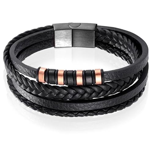 Herren Lederarmband Multi Mendes Edelstahl Schwarz Rose 19cm von Mendes