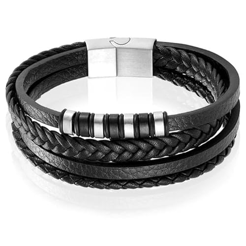 Herren Lederarmband Multi Mendes Edelstahl Silber Schwarz - 22.5cm von Mendes