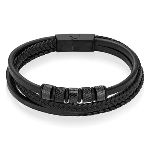 Leder Multi Armband Mendes Edelstahl Perlen Schwarz-18.5cm von Mendes