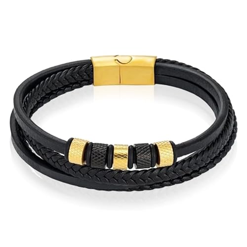 Leder Multi Armband Mendes Edelstahl Perlen Schwarz Goldfarben-22cm von Mendes