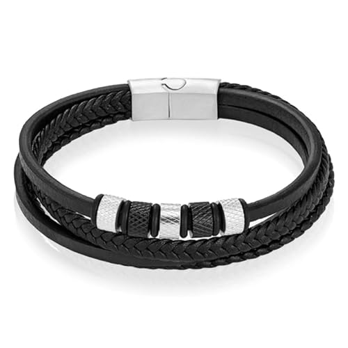 Leder Multi Armband Mendes Edelstahl Perlen Schwarz Silber-22cm von Mendes