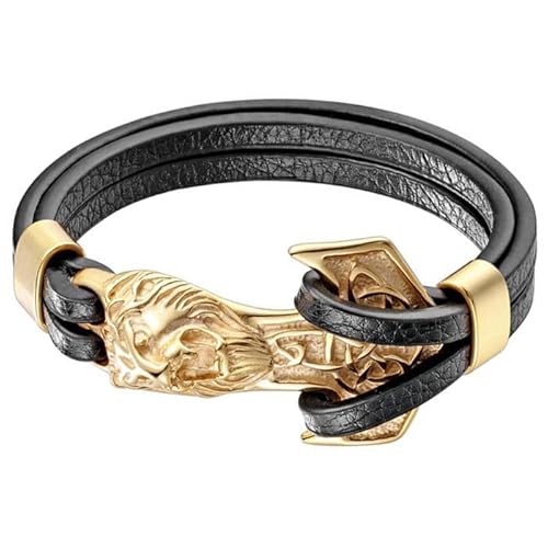 Lederarmband Herren Mendes Anker Löwe Edelstahl Gold Schwarz von Mendes